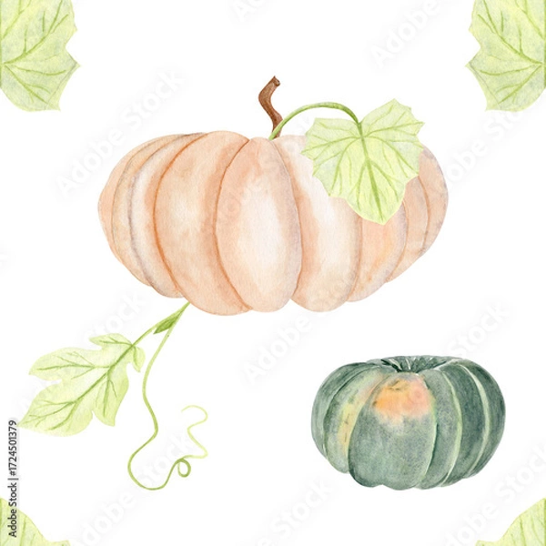 Fototapeta Beige squash, green pumpkin, and fresh leaf watercolor seamless pattern isolated on white. Hand-painted illustration perfect for Thanksgiving, fall textile, wrapping paper, rustic kitchen prints