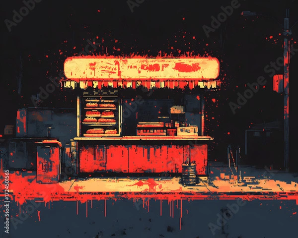 Fototapeta Nighttime Food Stall Scene: A dimly lit street corner reveals a vibrant food stall, illuminated by neon signage and accented by the glow of urban life.