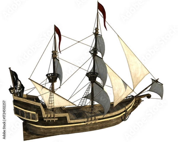 Fototapeta Classic style pirate ship with sails on a transparent background.
