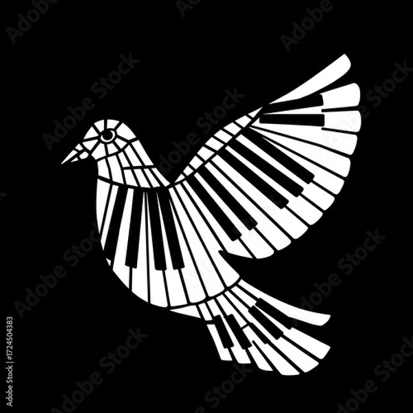 Fototapeta A stylized, white silhouette of dove with wings spread is cleverly designed integrated piano keys against stark, contrasting black background, creating musical avian imag