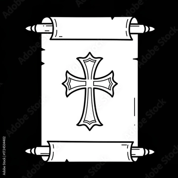 Fototapeta A parchment scroll,  in black and white, features bold stylized cross, suggesting an ancient decree or religious edict carefully preserved. Gospel concept.