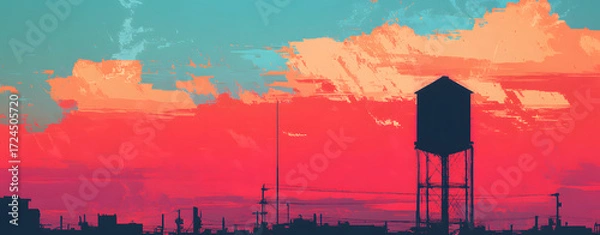 Fototapeta Sunset Silhouette of Industrial Structures: Capturing a serene twilight scene, where the silhouette of the water tower and industrial landscape stand boldly against a fiery sky.