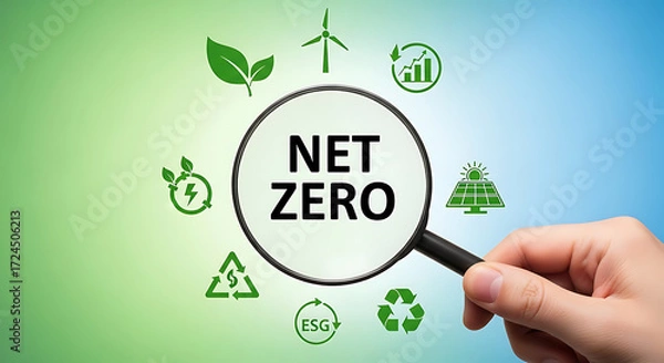 Fototapeta A hand holds a magnifying glass focusing on the term "Net Zero," surrounded by green icons representing sustainable energy and environmental initiatives.