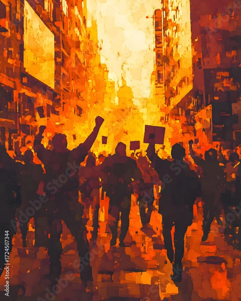 Fototapeta Silent Protest: A spirited multitude surges through city streets, raising signs and fists against a backdrop of sunlit buildings, expressing collective voices. 