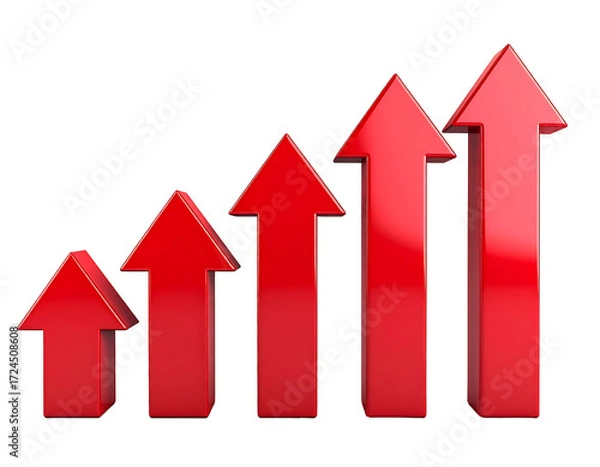 Fototapeta Five red upward-pointing arrows of increasing size, illustrating growth or progress