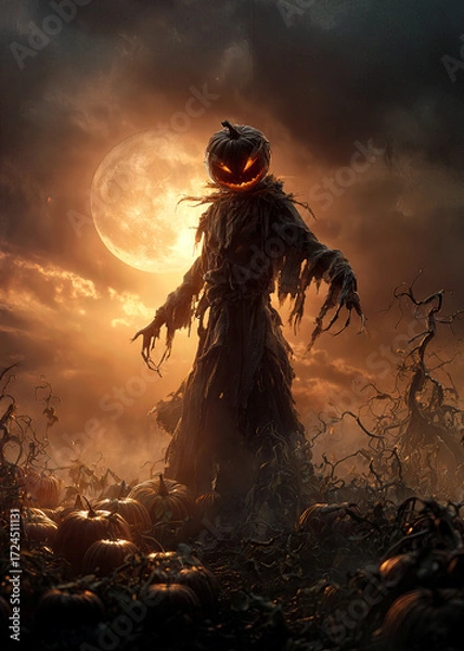 Fototapeta Beneath a glowing full moon, a scary scarecrow with a pumpkin head looms over a field of pumpkins. Dark clouds swirl as the night grows mysterious and magical.