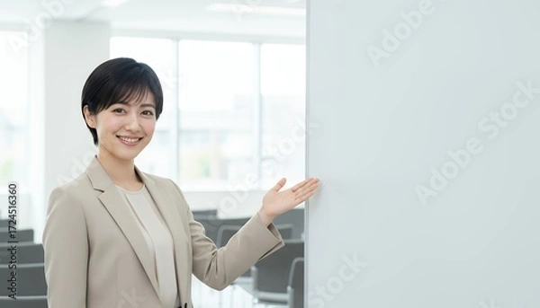 Obraz ホワイトボードの前で微笑むビジネスウーマン