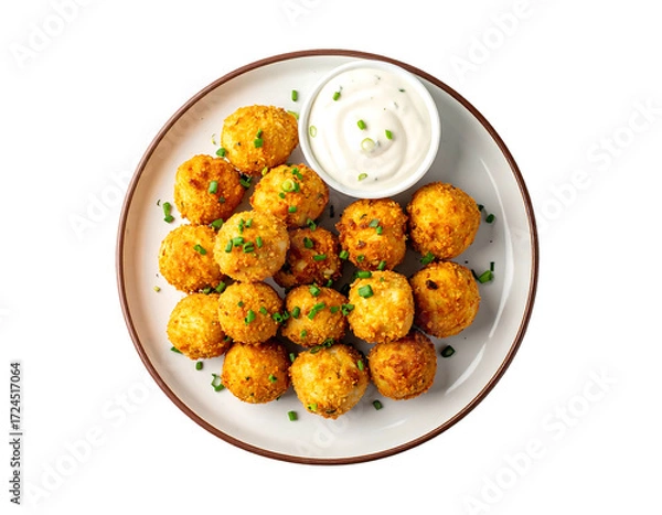 Fototapeta Crispy, golden-brown bite-sized balls atop a plate, with a side of creamy sauce