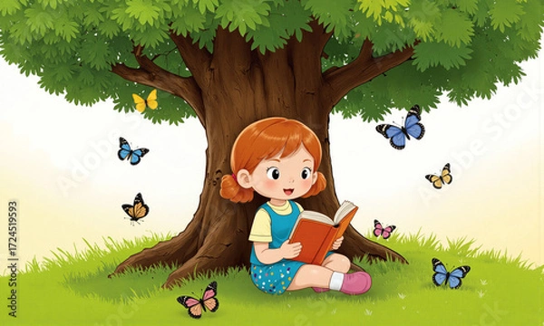 Fototapeta Young girl reading a book under a big tree with colorful butterflies in a bright cheerful scene, Child book illustration. Generative AI