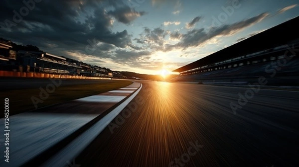 Fototapeta Racing Track at Sunset: Blurred Motion View of Speed and Competition, High-Performance Automotive Event