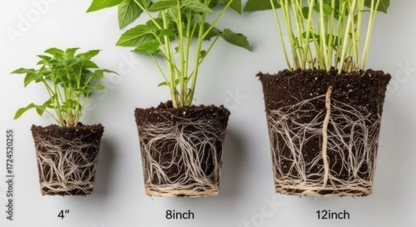 Fototapeta Three potted plants with exposed root systems showing growth stages