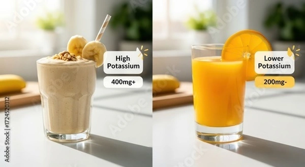 Fototapeta Potassium comparison: Banana smoothie with walnuts versus orange juice, nutritional choices