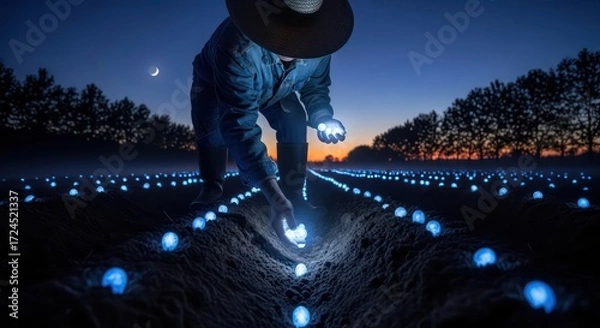 Fototapeta Farmer Planting Glowing Bulbs Under Night Sky