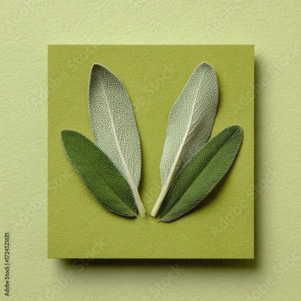 Fototapeta Two sage leaves arranged symmetrically on a lime green square