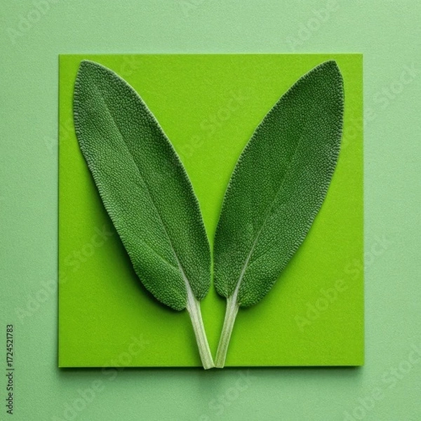 Fototapeta Two sage leaves on a lime-green surface