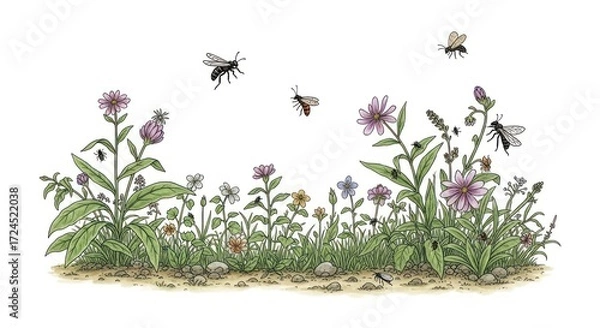 Fototapeta Illustrated Wildflower Meadow with Busy Bees and Insects