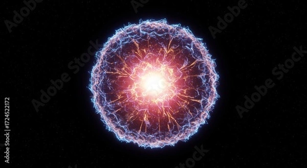 Obraz Abstract glowing electron cloud orbiting atomic nucleus, isolated on dark background, futuristic particle visualization, atomic structure illustration, quantum physics concept, and scientific energy