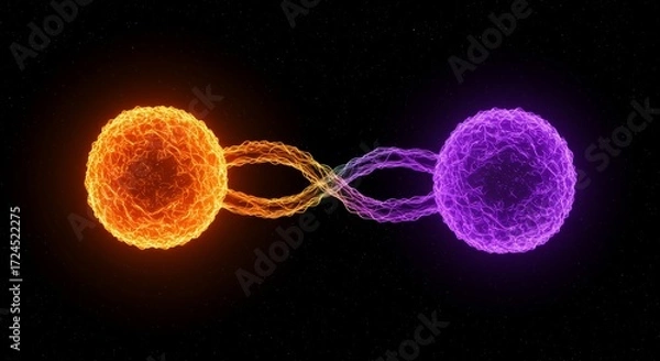 Fototapeta Two glowing particles connected by energy thread across space, illustrating quantum entanglement, subatomic particle interaction, quantum physics concept, and futuristic scientific visualization