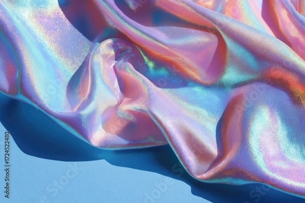 Fototapeta Soft, iridescent fabric draped on a blue surface