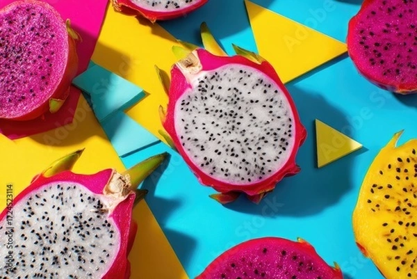 Fototapeta Colorful dragon fruit slices on a vibrant geometric background