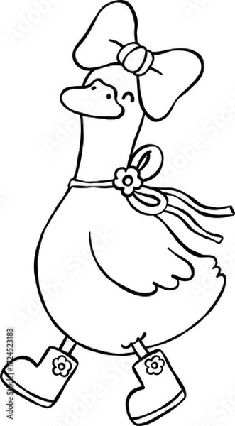 Fototapeta Autumn Silly Goose Character With Bow and Boots Cartoon Outline Hand Drawn Black and white