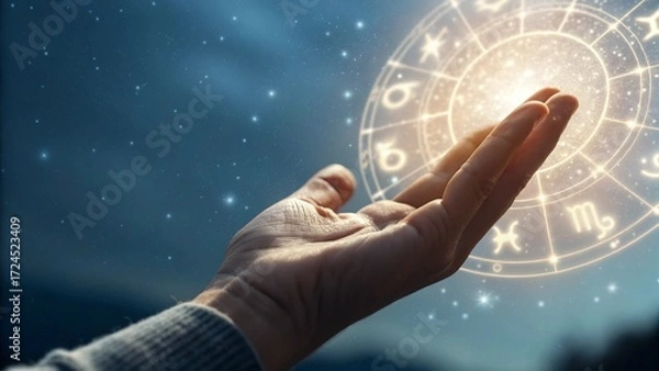 Fototapeta Close Up of Human Hand with Floating Zodiac Symbols in Mystical Cosmic Background