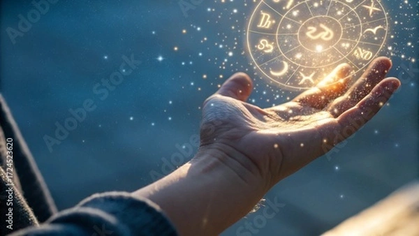 Fototapeta Close Up of Human Hand with Floating Zodiac Symbols in Mystical Cosmic Background