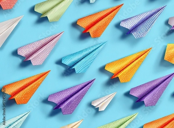 Fototapeta Colorful paper airplanes arranged in a pattern on a light blue background