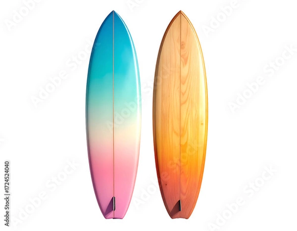 Fototapeta Two colorful surfboards, one teal-pink gradient, the other a golden-orange gradient, facing outward