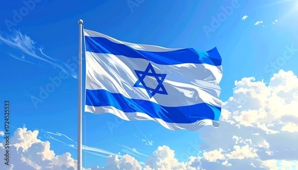 Fototapeta A blue and white flag with a Star of David flutters against a bright blue sky with fluffy clouds, animated style