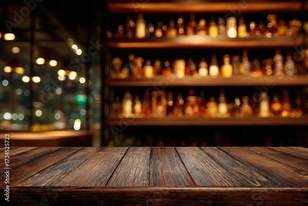 Fototapeta Dark wood table, blurred bar background