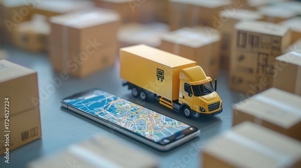 Fototapeta A logistics app showing detailed maps with delivery routes and tracking information on a smartphone screen