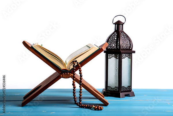 Fototapeta Open Quran on a Wooden Stand with Prayer Beads and Lantern Keywords: Quran, Islamic, book, stand, wooden, prayer isolated on a transparent background