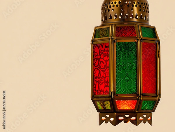 Obraz Close-up of a vintage brass and glass lantern with red and green panels lamp antique isolated on a transparent background