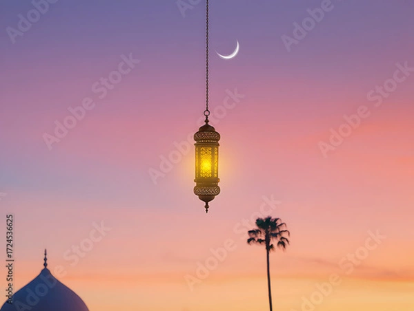 Fototapeta Ornate lantern hanging in front of a pastel sky with crescent moon and palm tree isolated on a transparent background