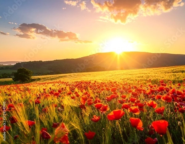 Fototapeta Sunrise over a field of poppies