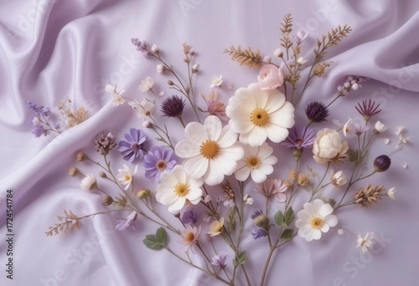 Obraz Pale Purple Silk Fabric  Abstract Floral Arrangement with Pressed Flowers, Botanical Art, Subtle Elegance, Soft Hues