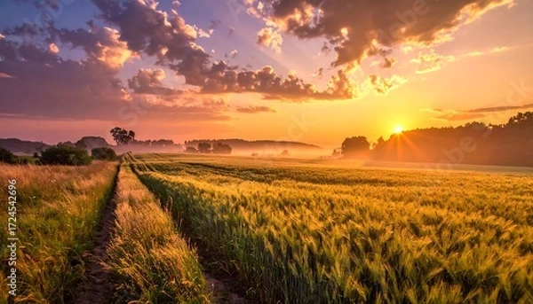 Fototapeta Sunrise over a golden wheat field. A picturesque landscape of a field of wheat stretching out to a sunrise