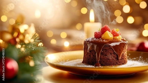 Fototapeta Festive Chocolate Cake Delight: A beautifully decorated chocolate cake, topped with fresh berries, sits on a gold plate, steam rising gently against a backdrop of warm candlelight and bokeh lights.