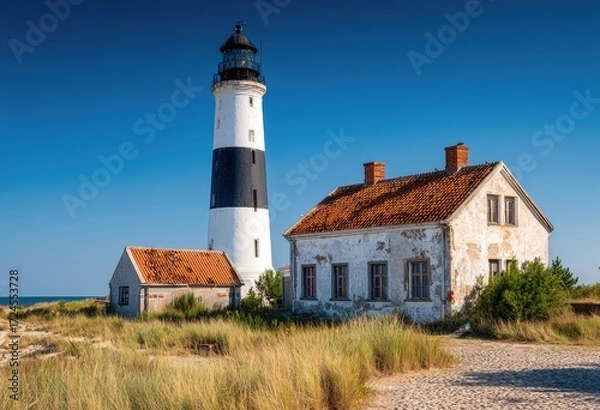 Fototapeta Lighthouse and cottage on a sunny beach