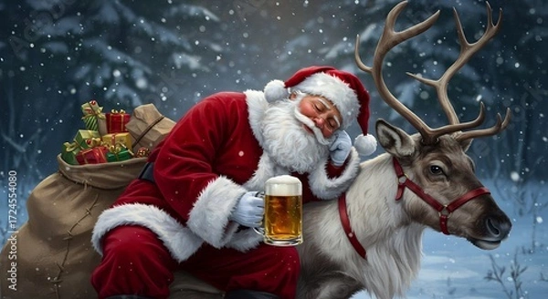 Fototapeta Santa claus sleeping on reindeer with beer
