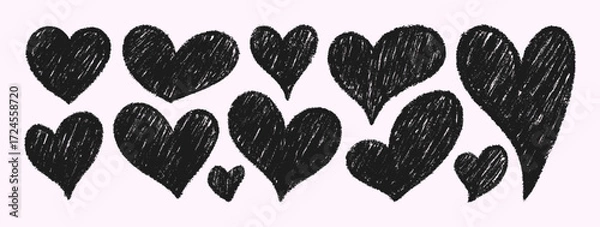 Fototapeta Crayon Doodle Hearts. Vector Chalk and Pencil Heart Shape in Black Color. Hand Drawn Love Icon Set in Kids Style for Web Design, Patterns, Logos, Valentines Day Cards