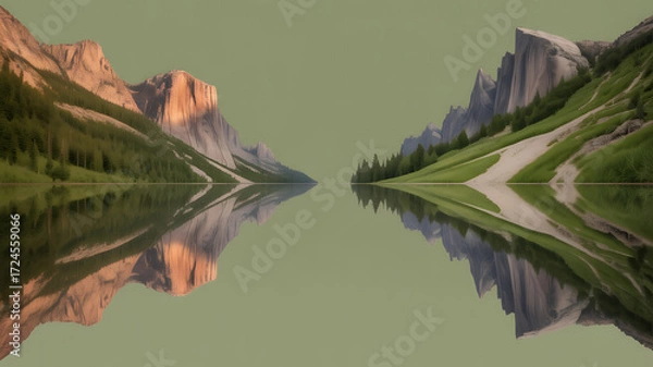 Obraz Symmetrical mountain landscape with calm lake reflecting peaks and green valleys