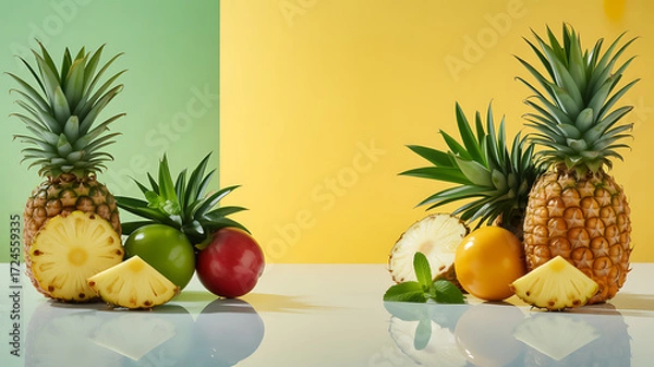 Obraz Fresh pineapples and tropical fruits arranged on a reflective surface against a colorful background