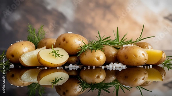 Obraz Fresh potatoes with rosemary and sea salt on a reflective surface
