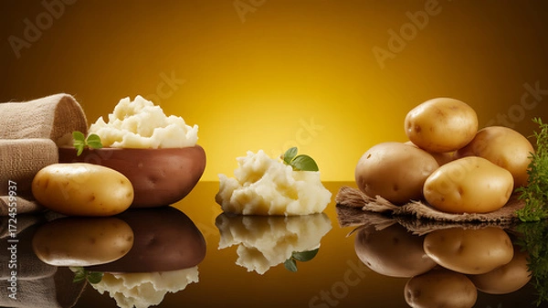Obraz Fresh potatoes and mashed potato displayed on reflective surface with warm lighting