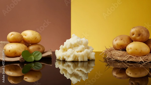 Obraz Fresh potatoes and mashed potato displayed on reflective surface with rustic elements