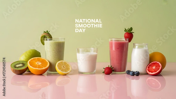 Obraz Assorted smoothies and fresh fruits displayed for National Smoothie Day