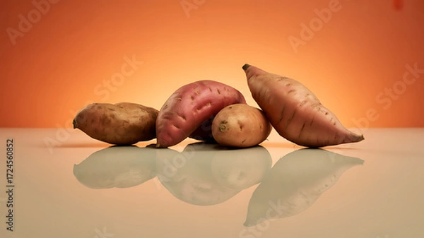 Obraz A variety of sweet potatoes arranged on a reflective surface against an orange background
