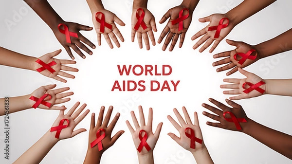Obraz Multiple hands forming a circle with red ribbons, symbolizing World AIDS Day awareness and solidarity.